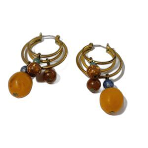 Vintage 1990s Beaded Hoop Earrings – Gold Tone Triple Rings Statement Dangles